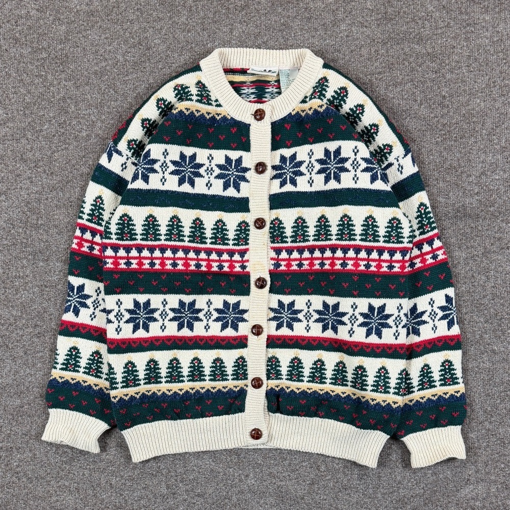 Vintage 90s Fair Isle Snowflake Christmas Holiday Knit Cardigan Sweater Womens M